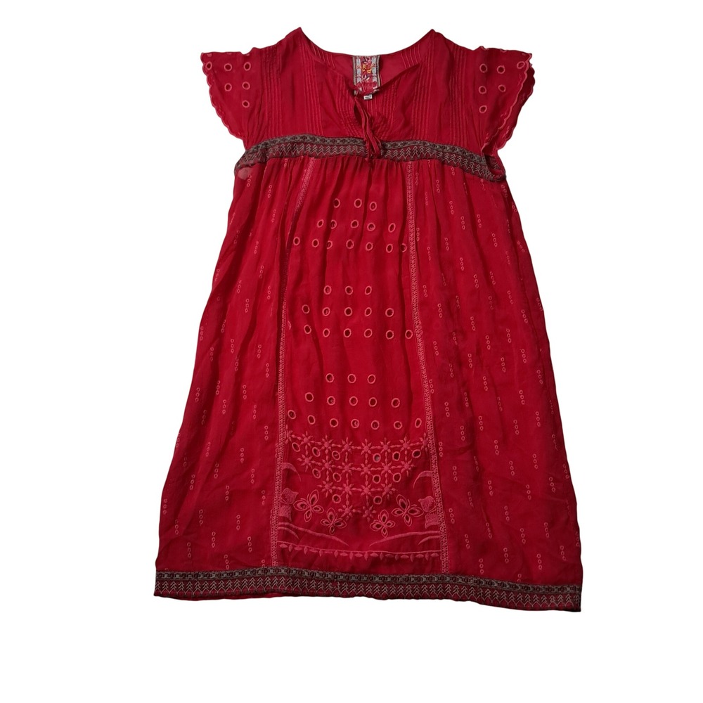 Johnny Was Dress Womens XS Red Embroidered Eyelet Cupra Rayon Boho Peasant